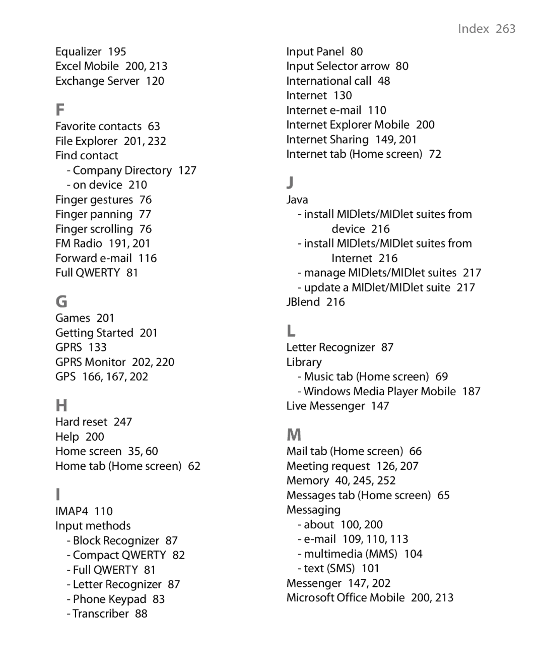 HTC Touch Diamond Phone user manual Index  